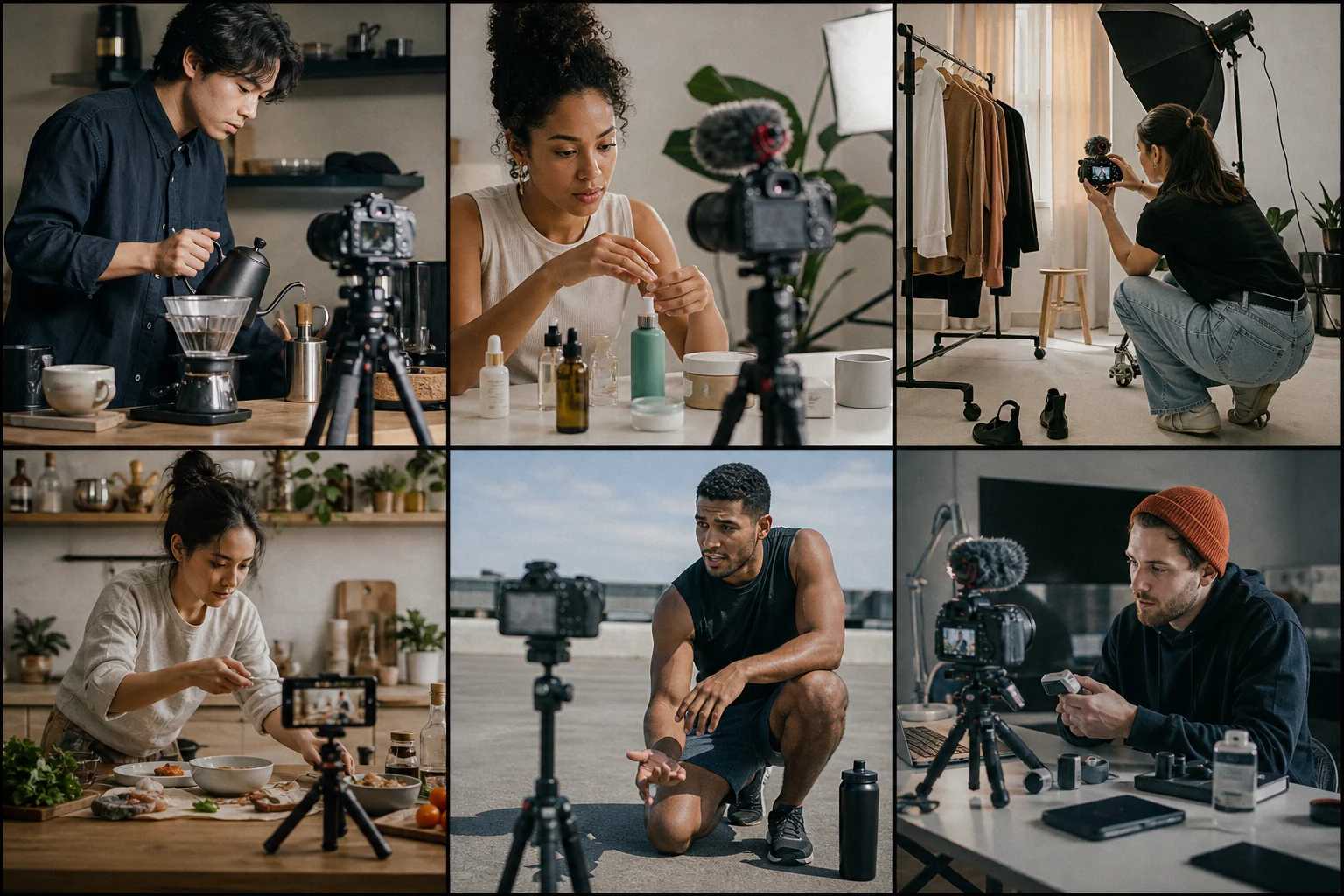 Creators at work in coffee, beauty, fashion, food, fitness, and technology studios